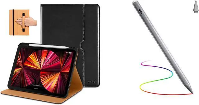 Main image of DTTO Case for iPad Pro 11 Inch 4th/3rd/2nd/1st Generation 2022/2021/2020/2018, Fit iPad Air 4/5, Premium PU Leather Folio Stand Cover and Stylus Pen, Black & Grey