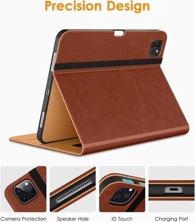 Alt view image 3 of 5 - DTTO iPad Pro 12.9 6th / 5th / 4th / 3rd Generation Case 2022/2021/2020/2018, Premium Leather Folio Stand Case Brown with Stylus Pen Grey