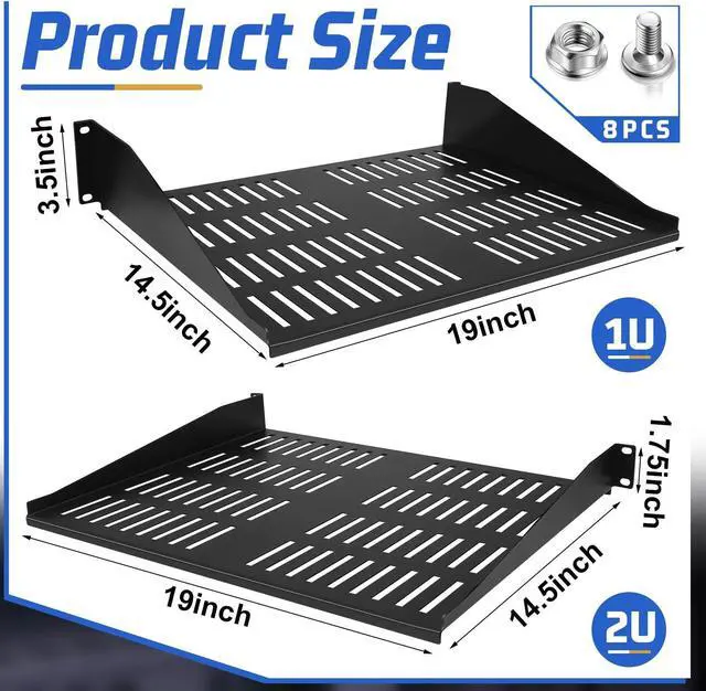 Alt view image 2 of 5 - 2 Pcs 1U 2U Server Rack Shelf Universal Vented Rack Mount Shelf Network Shelf Server Rack Mounting Tray for Air Circulation 19 Inch Network Equipment Rack and Cabinet Wall Mount Rack, 14.5 Inch Deep