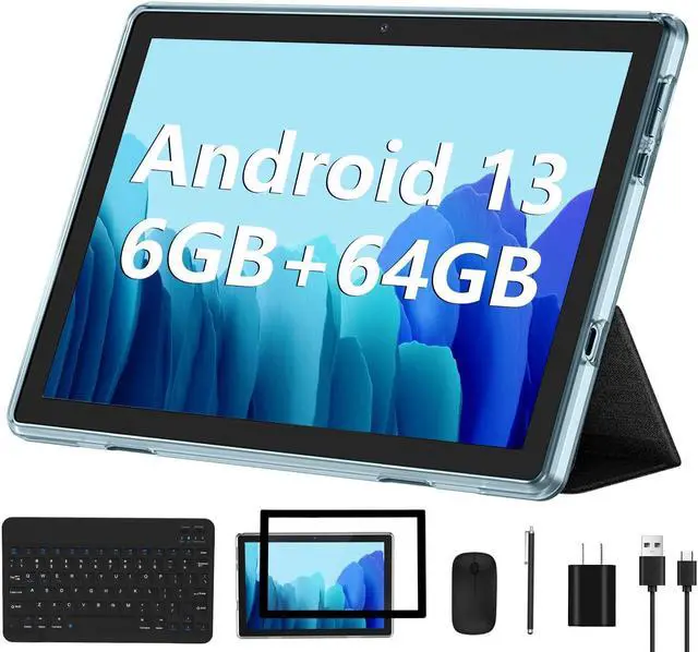 Main image of Android 13 Tablet 2023 New 10 Inch Tablets with 6GB RAM + 64GB ROM + 1TB Expanded Ouad-Core, 2 in 1 Tablet with Keyboard Mouse WiFi 6 Bluetooth, GMS Certified IPS Touch Screen Tablet - Blue Set