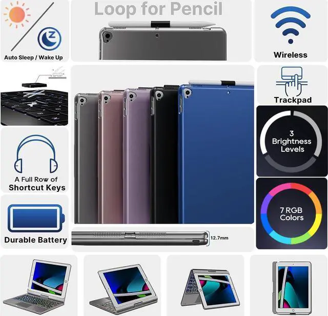 Alt view image 2 of 5 - edaiser Swivel Keyboard Case for Apple iPad 10.2 inch 9th 8th 7th, iPad Air 3rd and iPad Pro 10.5 2nd Generation: Wireless Rotatable Cover, Pencil Holder, Smart Trackpad, RGB Backlit, Metallic Purple