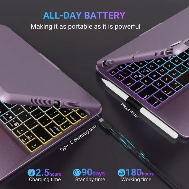Alt view image 3 of 5 - edaiser Swivel Keyboard Case for Apple iPad 10.2 inch 9th 8th 7th, iPad Air 3rd and iPad Pro 10.5 2nd Generation: Wireless Rotatable Cover, Pencil Holder, Smart Trackpad, RGB Backlit, Metallic Purple