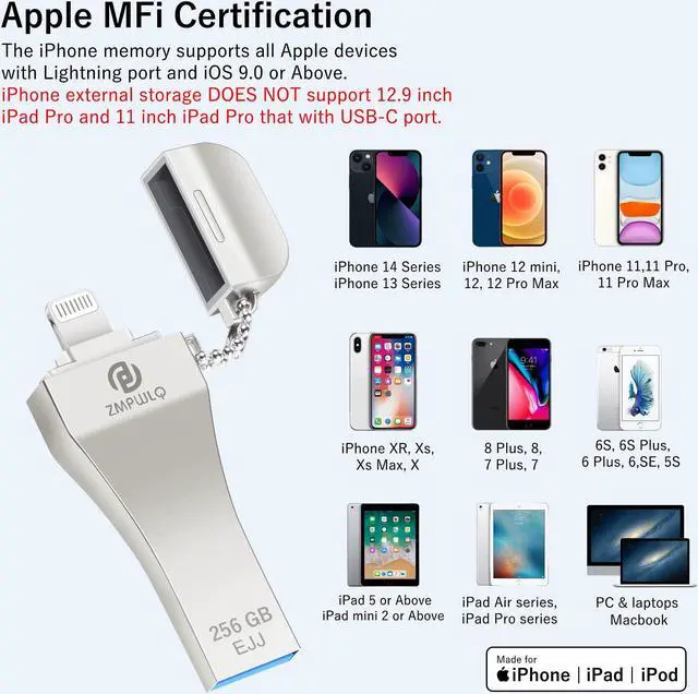 Alt view image 2 of 5 - Photo-Stick for iPhone/iPad 256GB - Apple MFi Certified External Storage - USB Flash Drive for Backup & Transfer