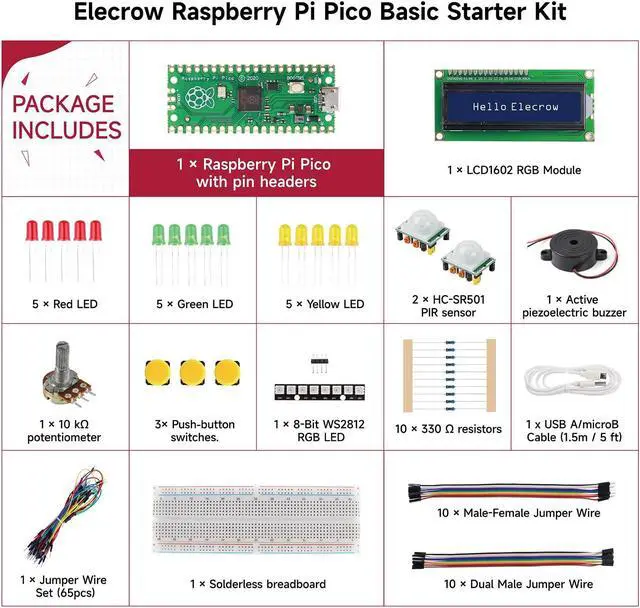 Alt view image 2 of 5 - Raspberry Pi Pico Starter Kit, ELECROW Sensor Basic Kit for Programming, Pi Pico Micropython 25 Projects Lessons for Programmer