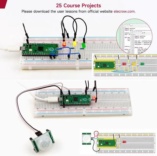 Alt view image 4 of 5 - Raspberry Pi Pico Starter Kit, ELECROW Sensor Basic Kit for Programming, Pi Pico Micropython 25 Projects Lessons for Programmer