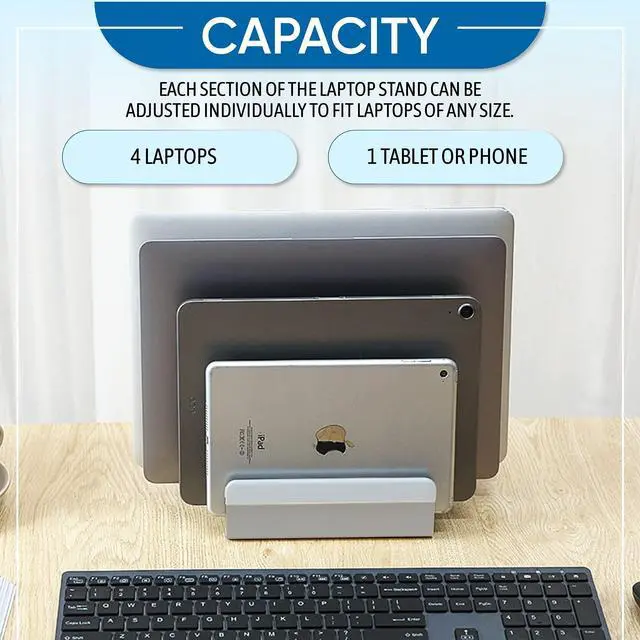 Alt view image 2 of 5 - Elestoria Multiple Laptop Holder Vertical - Adjustable Laptop Vertical Stand Holds 5 Devices, Fits All MacBooks Laptops Tablets and Mobiles (up to 17.3"). Closed Upright Vertical Laptop Stand for Desk