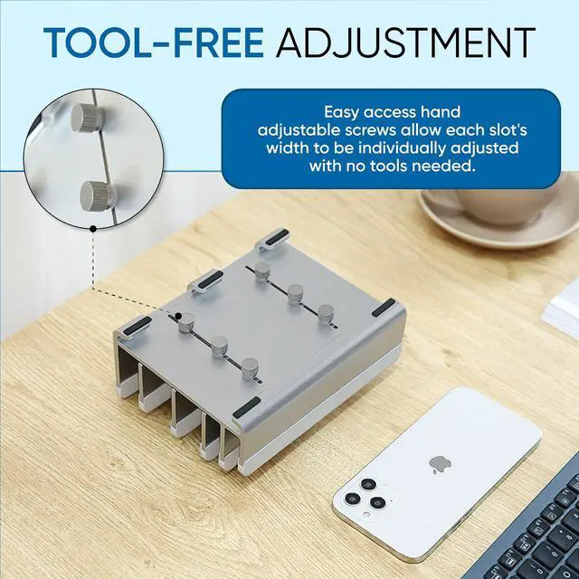 Alt view image 3 of 5 - Elestoria Multiple Laptop Holder Vertical - Adjustable Laptop Vertical Stand Holds 5 Devices, Fits All MacBooks Laptops Tablets and Mobiles (up to 17.3"). Closed Upright Vertical Laptop Stand for Desk