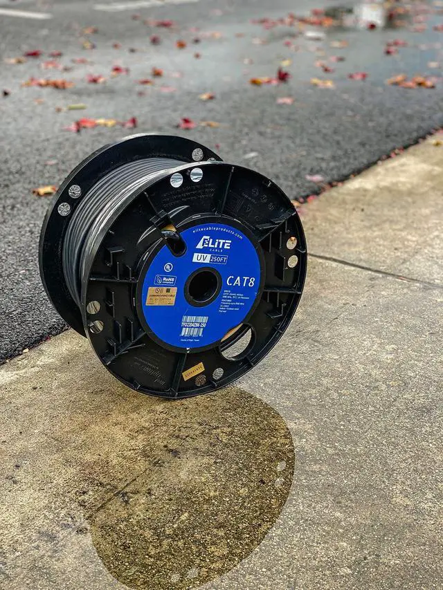 Alt view image 2 of 5 - Elite Cat8 250ft Outdoor/Indoor Cable, UV Resistant, 40Gb, 2000MHz, CMR/Riser + UV/Outdoor, High Speed, Pure Solid Copper, Easy Pull Reel, Black