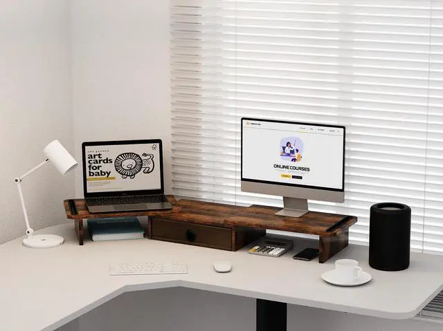 Alt view image 4 of 5 - ErgoFocus Dual Monitor Stand Riser with Drawer-Adjustable Length and Angle (Rust Brown +Oak)