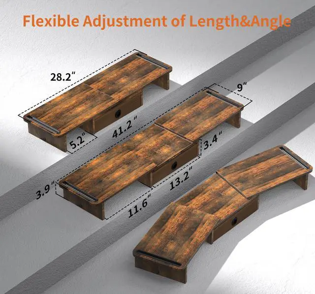 Alt view image 3 of 5 - ErgoFocus Dual Monitor Stand Riser with Drawer-Adjustable Length and Angle (Rust Brown +Oak)