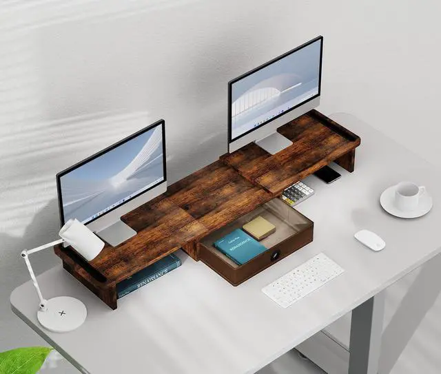 Alt view image 5 of 5 - ErgoFocus Dual Monitor Stand Riser with Drawer-Adjustable Length and Angle (Rust Brown +Oak)