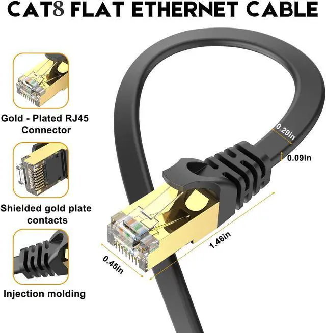 Alt view image 2 of 5 - Ercielook CAT8 Ethernet Cable 200 ft High Speed, Shielded Flat Internet Cable with Clips, Weatherproof S/FTP UV Resistant for Router/Gaming/Modem - Black 61 M