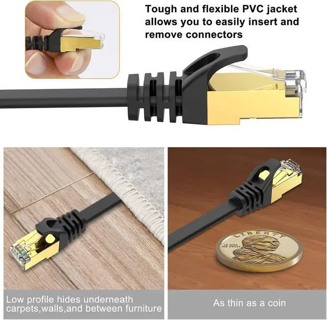 Alt view image 4 of 5 - Ercielook CAT8 Ethernet Cable 200 ft High Speed, Shielded Flat Internet Cable with Clips, Weatherproof S/FTP UV Resistant for Router/Gaming/Modem - Black 61 M