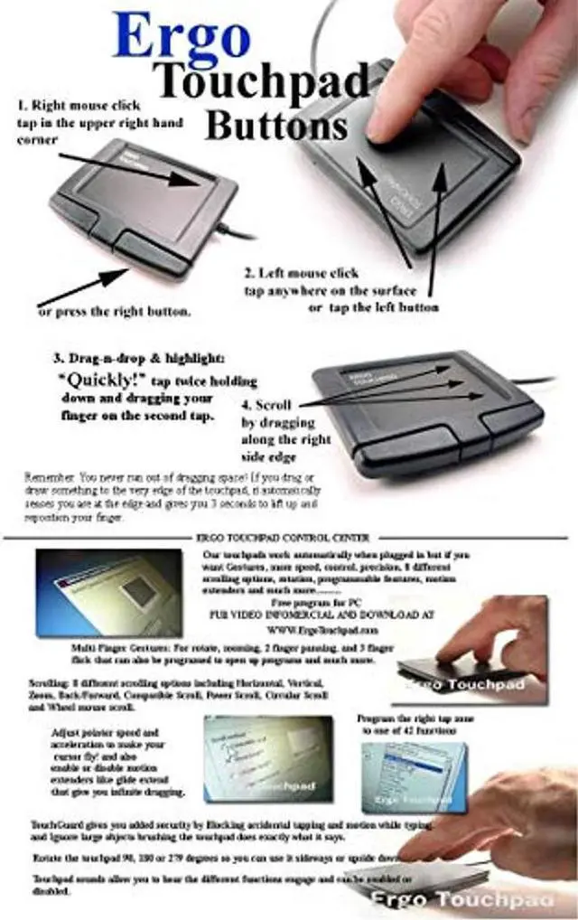 Alt view image 3 of 5 - Ergo Touchpad Buttons ETP001BTP Low Profile - Plug-n-Play, just Plug it in for Basic Mouse Functions and Glide Extend for Unlimited Drag-n-Drop.