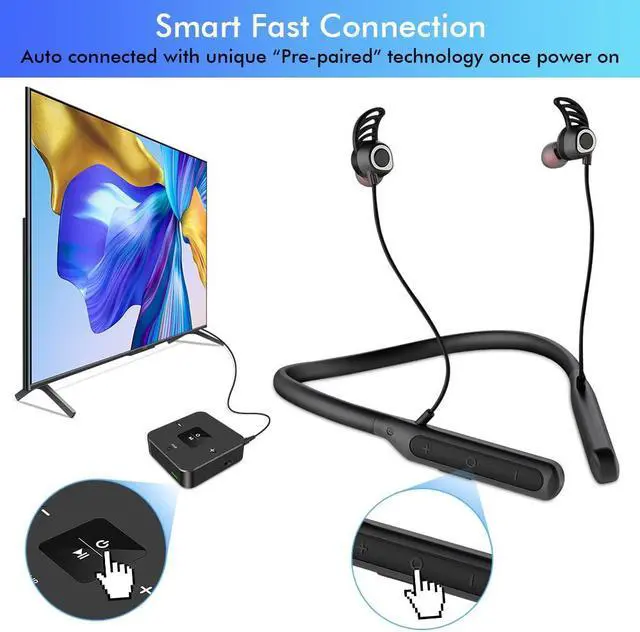 Alt view image 4 of 5 - Golvery Bluetooth Headphones Transmitter for TV Watching, Neckband Wireless Stereo Earphones Earbuds Set w/Transmitter Adapter for Optical Digital RCA 3.5mm Aux TVs, Plug n Play No Audio Delay