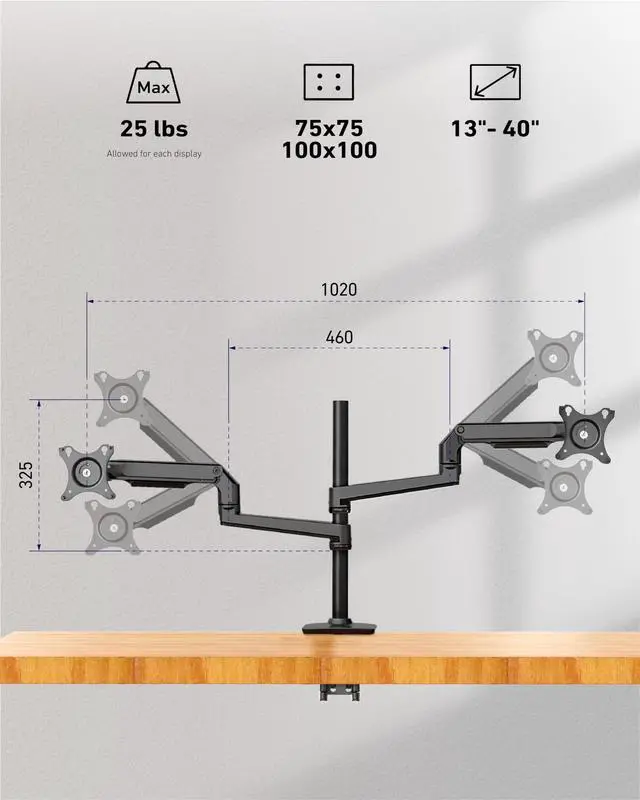 Alt view image 2 of 5 - ErgoUnion 4 Monitor Stand for Desk, Quad Monitor Mount for Screens up to 40 Inches within 25 lbs, Adjustable 4 Monitor Desk Mount, Heavy Duty Monitor Arm for 4 Monitors - Black