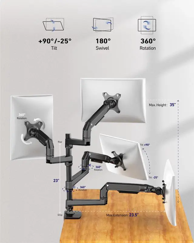 Alt view image 4 of 5 - ErgoUnion 4 Monitor Stand for Desk, Quad Monitor Mount for Screens up to 40 Inches within 25 lbs, Adjustable 4 Monitor Desk Mount, Heavy Duty Monitor Arm for 4 Monitors - Black