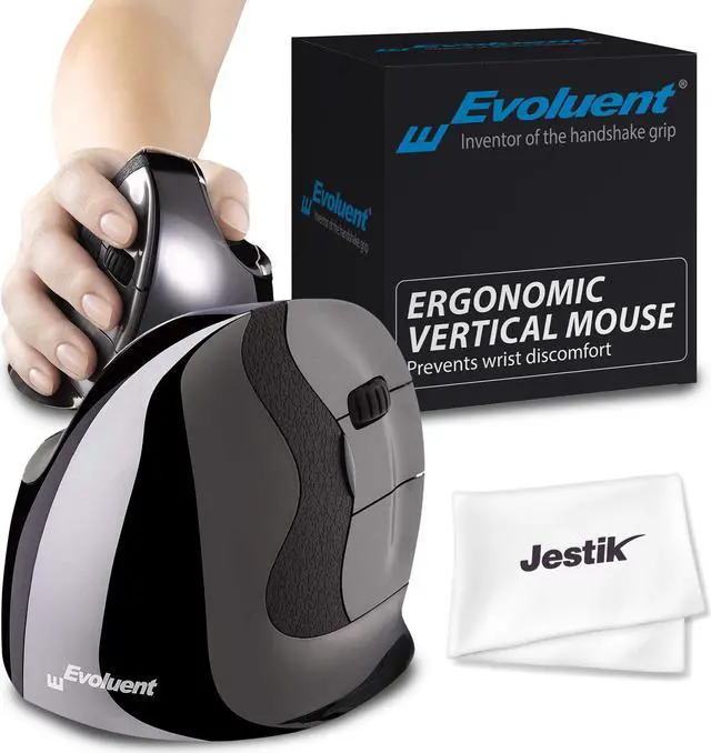 Main image of Evoluent Mouse VMDSW - VerticalMouse D, Right Hand Ergonomic Design, Evoluent Vertical Mouse D Small with Wireless Connection for Laptop and PC, Plus Jestik Microfiber Cloth