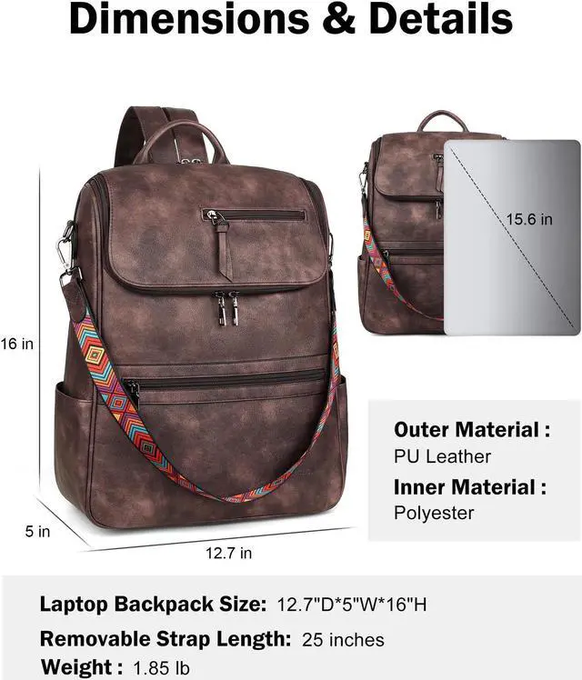 Alt view image 2 of 5 - FADEON Laptop Backpack for Women Leather Travel Backpack with Laptop Compartment, Designer Ladies Computer Backpacks Coffee