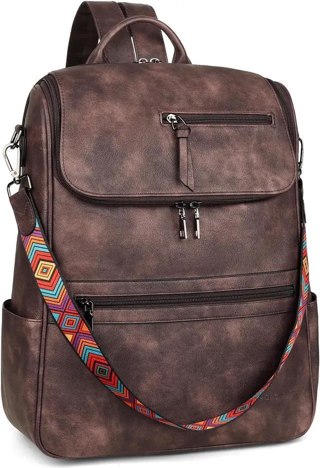 Main image of FADEON Laptop Backpack for Women Leather Travel Backpack with Laptop Compartment, Designer Ladies Computer Backpacks Coffee