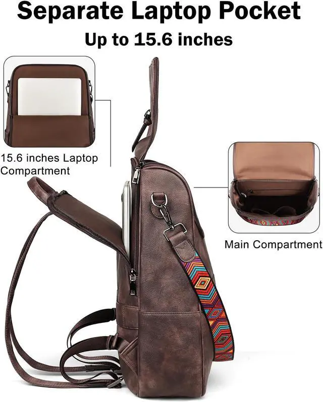 Alt view image 3 of 5 - FADEON Laptop Backpack for Women Leather Travel Backpack with Laptop Compartment, Designer Ladies Computer Backpacks Coffee
