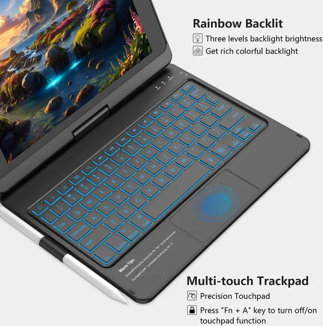 Alt view image 4 of 5 - KBCASE Touchpad Keyboard Case for iPad 9th/8th/7th 10.2 inch, Backlit Trackpad Keyboard, 360degRotatable Case with Pencil Holder for iPad 9th/8th/7th Gen (Black)