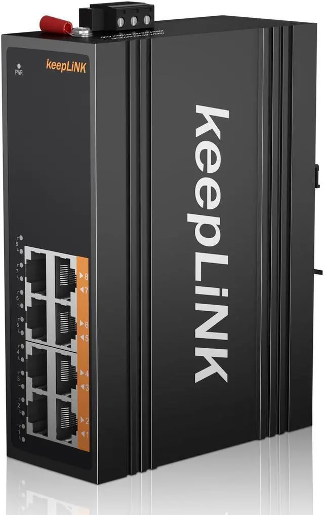Main image of keepLiNK 8 Port Industrial Gigabit Switch, DIN-Rail Network Switch Unmanaged, IP40, Operating Temperature Range of -30°  75°C (-22°  167°F)
