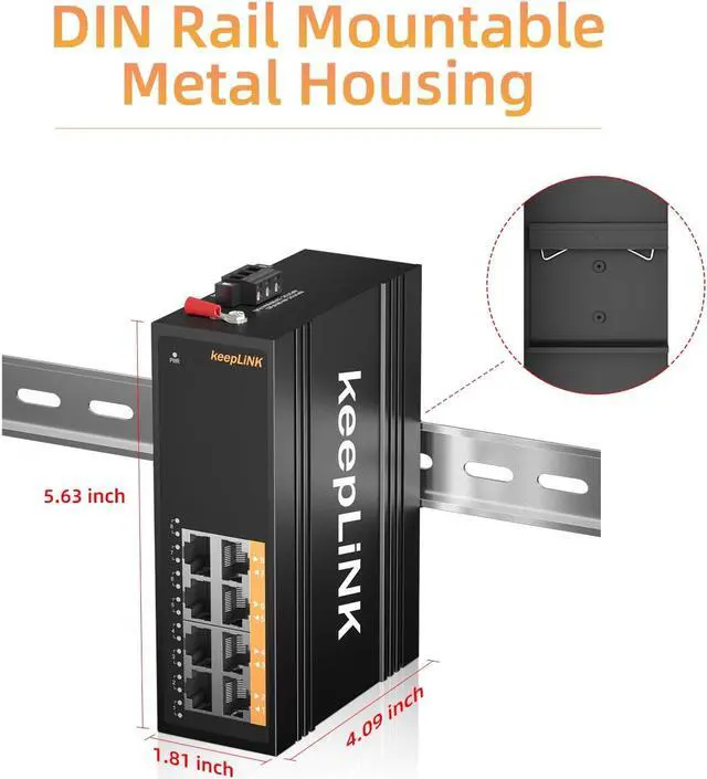Alt view image 4 of 5 - keepLiNK 8 Port Industrial Gigabit Switch, DIN-Rail Network Switch Unmanaged, IP40, Operating Temperature Range of -30°  75°C (-22°  167°F)