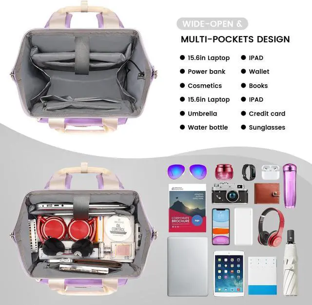 Alt view image 3 of 5 - FALANKO Laptop Backpack for Women, Anti Theft Backpacks with USB Charging Port RFID Anti Theft Water Resistant,Wide Top Open Work Teacher College Travel Computer Bag for Woman Fits 15.6 Inch Purple