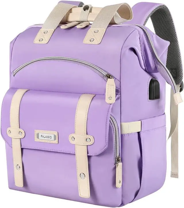 Main image of FALANKO Laptop Backpack for Women, Anti Theft Backpacks with USB Charging Port RFID Anti Theft Water Resistant,Wide Top Open Work Teacher College Travel Computer Bag for Woman Fits 15.6 Inch Purple