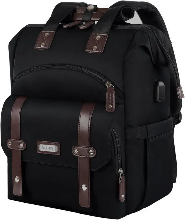 Main image of FALANKO Laptop Backpack For Women, Work Doctor Teacher Nurse Wide Open College 15.6 Inch Laptops Backpack Purse with USB Charging Port, Travel Water Resistant RFID Computer Bag for Men Women Black