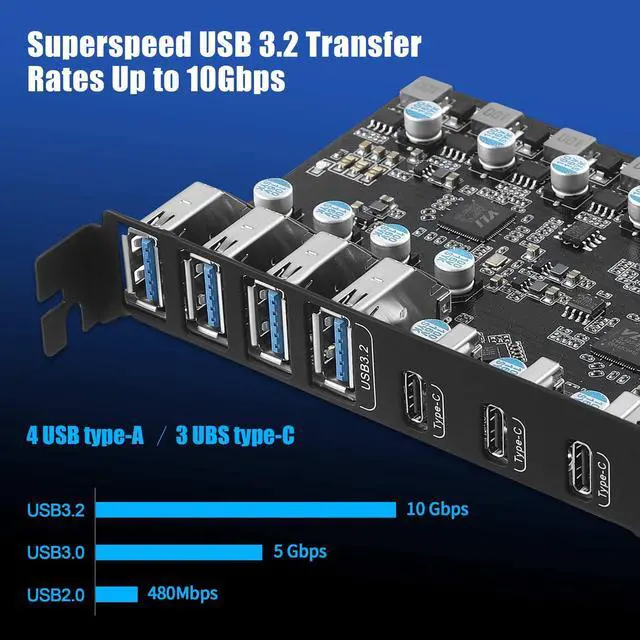 Alt view image 2 of 5 - PCIe to USB 3.2 Gen 2 Card with 20 Gbps Bandwidth 7 USB Ports (4 USB Type-A and 3 Type-C Ports), PCI Express (PCIe) Expansion Card for Desktop PC