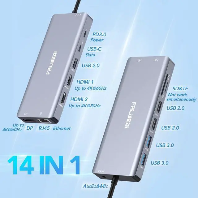 Alt view image 2 of 5 - USB C Laptop Docking Station Dual Monitor, 14 in 1 USB C Hub Multiport Adapter Dongle with 2 HDMI, DisplayPort, RJ45, SD/TF, USB C/A Ports, PD, Mic/Audio, Compatible for MacBook Dell HP Lenove