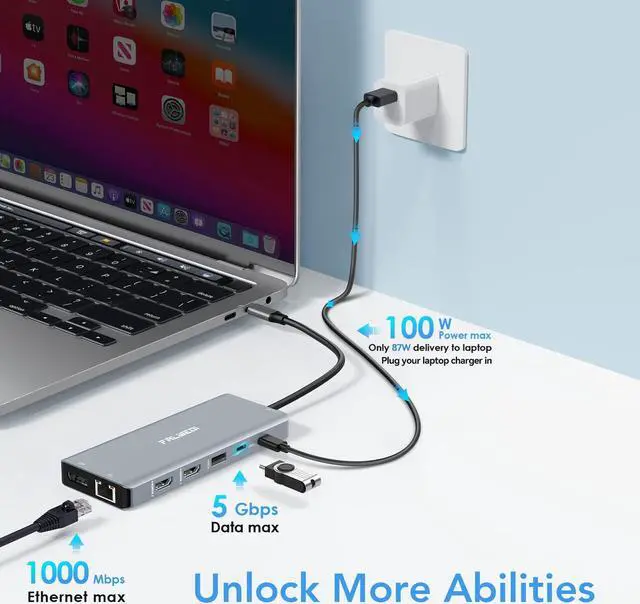 Alt view image 5 of 5 - USB C Laptop Docking Station Dual Monitor, 14 in 1 USB C Hub Multiport Adapter Dongle with 2 HDMI, DisplayPort, RJ45, SD/TF, USB C/A Ports, PD, Mic/Audio, Compatible for MacBook Dell HP Lenove