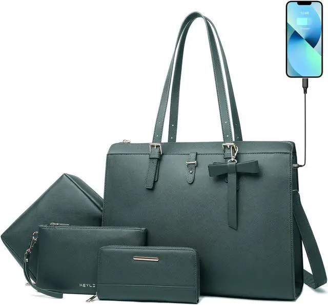Main image of Keyli Laptop Tote Bag for Women Large Tote Bag Waterproof Leather Work Laptop Briefcase with Built-in USB Charging Port Computer Shoulder Bags Fits 15.6 Inch, Business Handbag Purse 4pcs Set Green