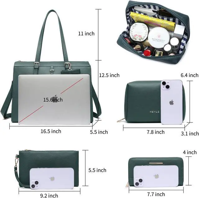 Alt view image 3 of 5 - Keyli Laptop Tote Bag for Women Large Tote Bag Waterproof Leather Work Laptop Briefcase with Built-in USB Charging Port Computer Shoulder Bags Fits 15.6 Inch, Business Handbag Purse 4pcs Set Green