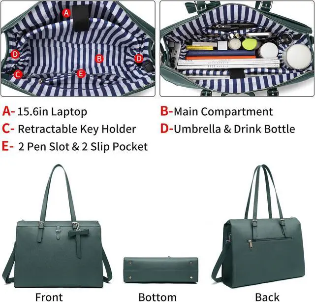 Alt view image 4 of 5 - Keyli Laptop Tote Bag for Women Large Tote Bag Waterproof Leather Work Laptop Briefcase with Built-in USB Charging Port Computer Shoulder Bags Fits 15.6 Inch, Business Handbag Purse 4pcs Set Green