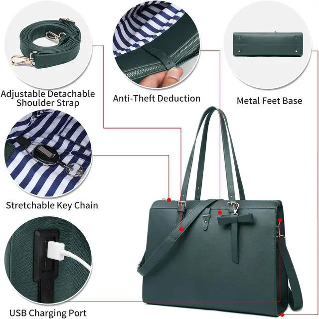 Alt view image 5 of 5 - Keyli Laptop Tote Bag for Women Large Tote Bag Waterproof Leather Work Laptop Briefcase with Built-in USB Charging Port Computer Shoulder Bags Fits 15.6 Inch, Business Handbag Purse 4pcs Set Green