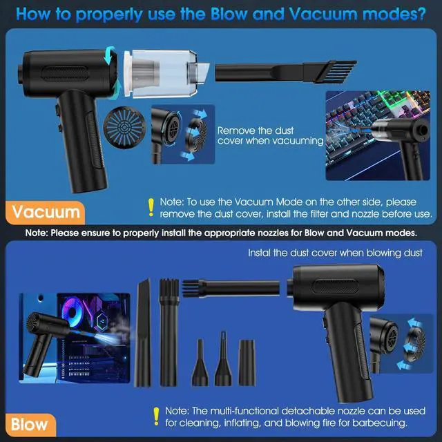 Alt view image 2 of 5 - KOPIDOE Compressed Air Duster, 100000RPM Handheld Car Vacuum/Air Blower& Pump, 3 Gear Adjustable Electric Air Duster/Car Vacuum Cleaner, Keyboard Duster with LED Light-10 Kits Air Blower for Computer