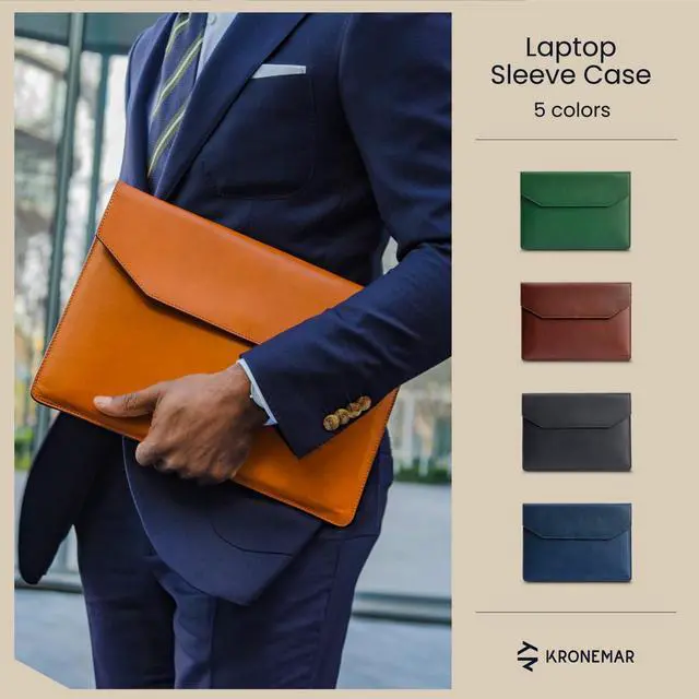 Alt view image 2 of 5 - Kronemar 16 inch Premium Full-grain Leather Laptop Sleeve Case - Compatible with MacBook Pro M1/M2/M3/M4 (2019-24) & Air 15-inch (2023-24) - Loose Fit, Razer Blade 15, Microsoft Surface Laptop 3 - Tan