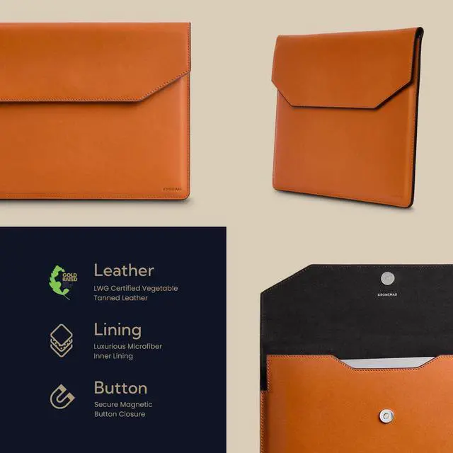 Alt view image 3 of 5 - Kronemar 16 inch Premium Full-grain Leather Laptop Sleeve Case - Compatible with MacBook Pro M1/M2/M3/M4 (2019-24) & Air 15-inch (2023-24) - Loose Fit, Razer Blade 15, Microsoft Surface Laptop 3 - Tan