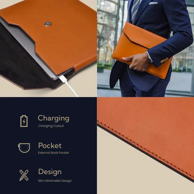 Alt view image 5 of 5 - Kronemar 16 inch Premium Full-grain Leather Laptop Sleeve Case - Compatible with MacBook Pro M1/M2/M3/M4 (2019-24) & Air 15-inch (2023-24) - Loose Fit, Razer Blade 15, Microsoft Surface Laptop 3 - Tan