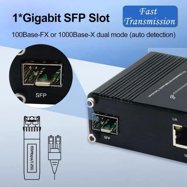 Alt view image 2 of 5 - Mini Industrial 1.25G SFP Fiber to Ethernet Media Converter Supports DIN-Rail Installation, 1x 100/1000Base-X SFP Slots to 2X 10/100/1000Base-T RJ45 Gigabit 2 Port Fiber Switch, 12~48V DC Power Input