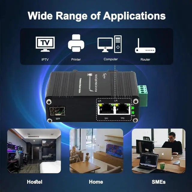Alt view image 4 of 5 - Mini Industrial 1.25G SFP Fiber to Ethernet Media Converter Supports DIN-Rail Installation, 1x 100/1000Base-X SFP Slots to 2X 10/100/1000Base-T RJ45 Gigabit 2 Port Fiber Switch, 12~48V DC Power Input