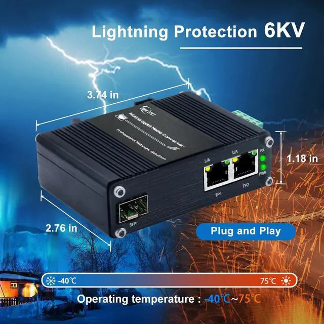 Alt view image 5 of 5 - Mini Industrial 1.25G SFP Fiber to Ethernet Media Converter Supports DIN-Rail Installation, 1x 100/1000Base-X SFP Slots to 2X 10/100/1000Base-T RJ45 Gigabit 2 Port Fiber Switch, 12~48V DC Power Input