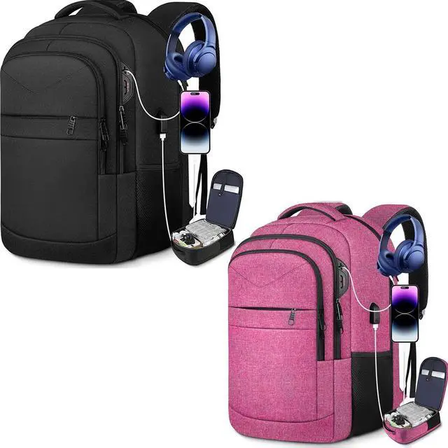 Main image of Lapsouno Travel Laptop Backpack,17.3 Inch Business Laptop Backpack with USB Charging Port Sturdy Water Resistant Business Bookbag for Women Men College School,couple backpack (Black+Pink)