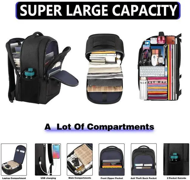 Alt view image 4 of 5 - Lapsouno Travel Laptop Backpack,17.3 Inch Business Laptop Backpack with USB Charging Port Sturdy Water Resistant Business Bookbag for Women Men College School,couple backpack (Black+Pink)