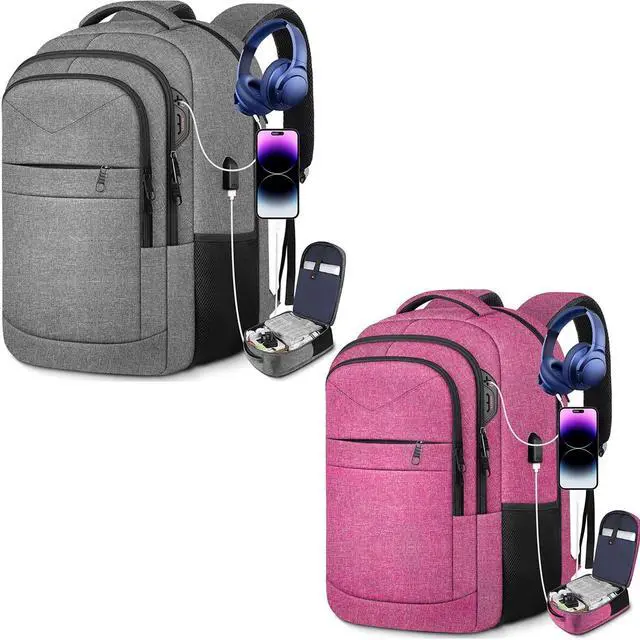 Main image of Lapsouno Travel Laptop Backpack,17.3 Inch Business Laptop Backpack with USB Charging Port Sturdy Water Resistant Business Bookbag for Women Men College School,couple backpack (Grey+Pink)