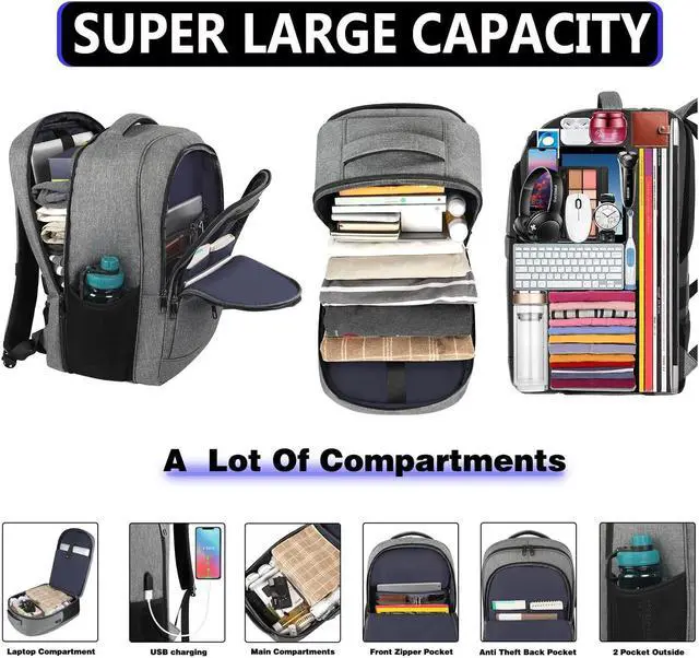 Alt view image 4 of 5 - Lapsouno Travel Laptop Backpack,17.3 Inch Business Laptop Backpack with USB Charging Port Sturdy Water Resistant Business Bookbag for Women Men College School,couple backpack (Grey+Pink)