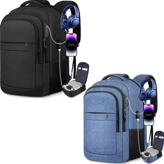 Main image of Lapsouno Travel Laptop Backpack,17.3 Inch Business Laptop Backpack with USB Charging Port Sturdy Water Resistant Business Bookbag for Women Men College School (Black+Blue)